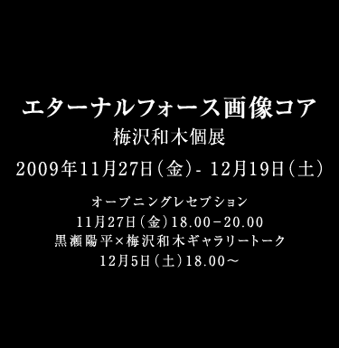 エターナルフォース画像コア 梅沢和木個展 2009年11月27日(金)- 12月19日(土) オープニングのレセープション 11月27日(金)18.00-20.00 黒瀬陽平×梅沢和木ギャラリートーク:12月5日(土)18.00~